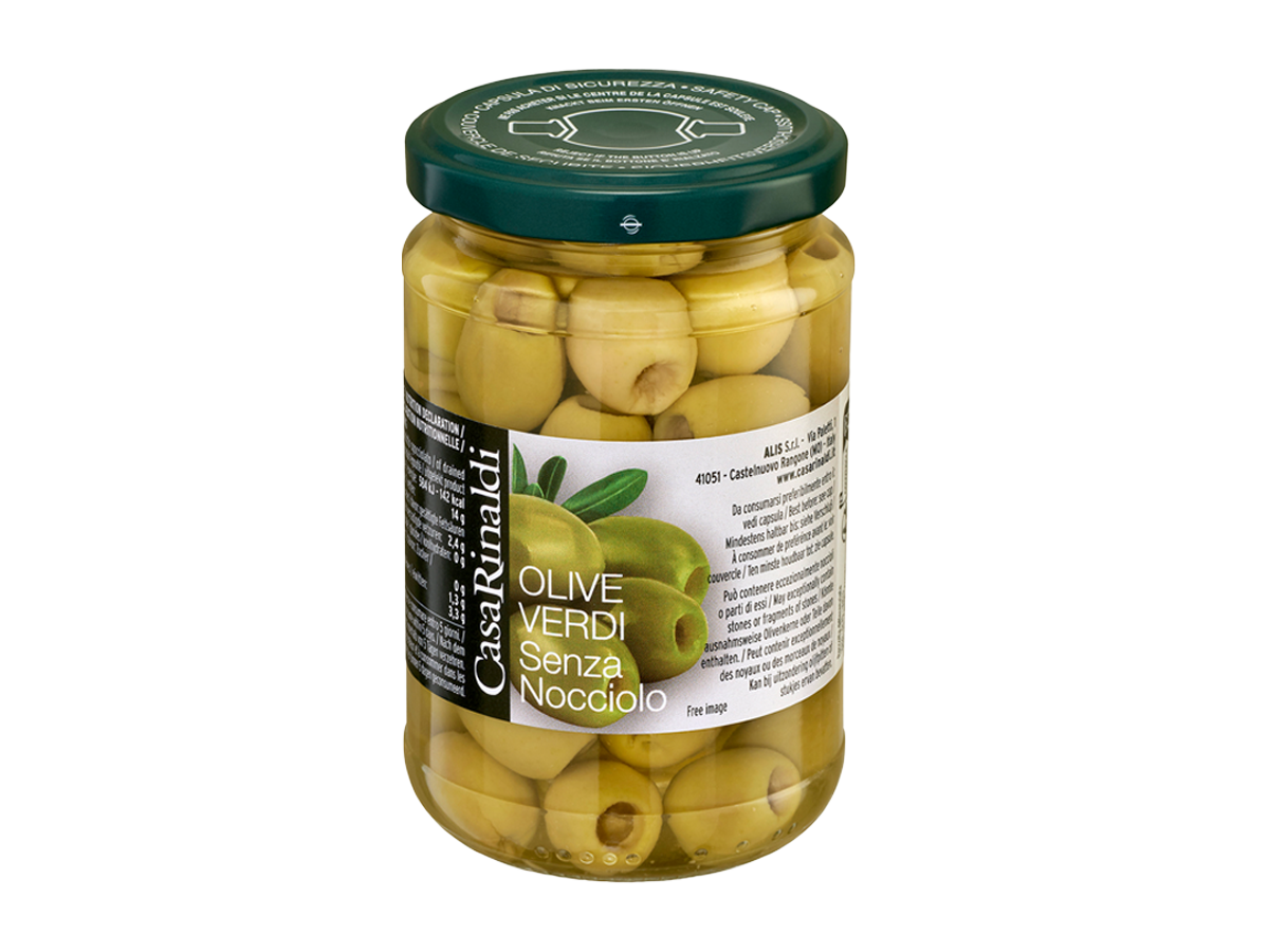 Olive Verdi - grüne entsteinte Oliven in Salzlake