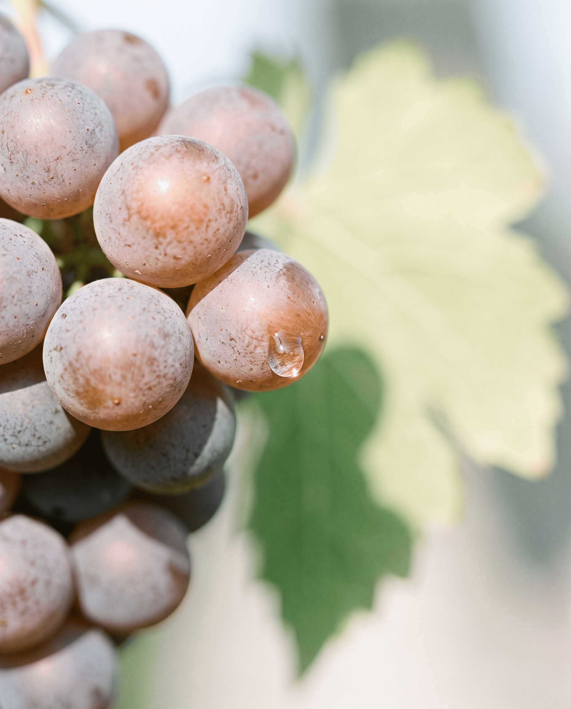 Reife graurosa Pinot-Grigio-Trauben mit Tautropfen im hellen Licht