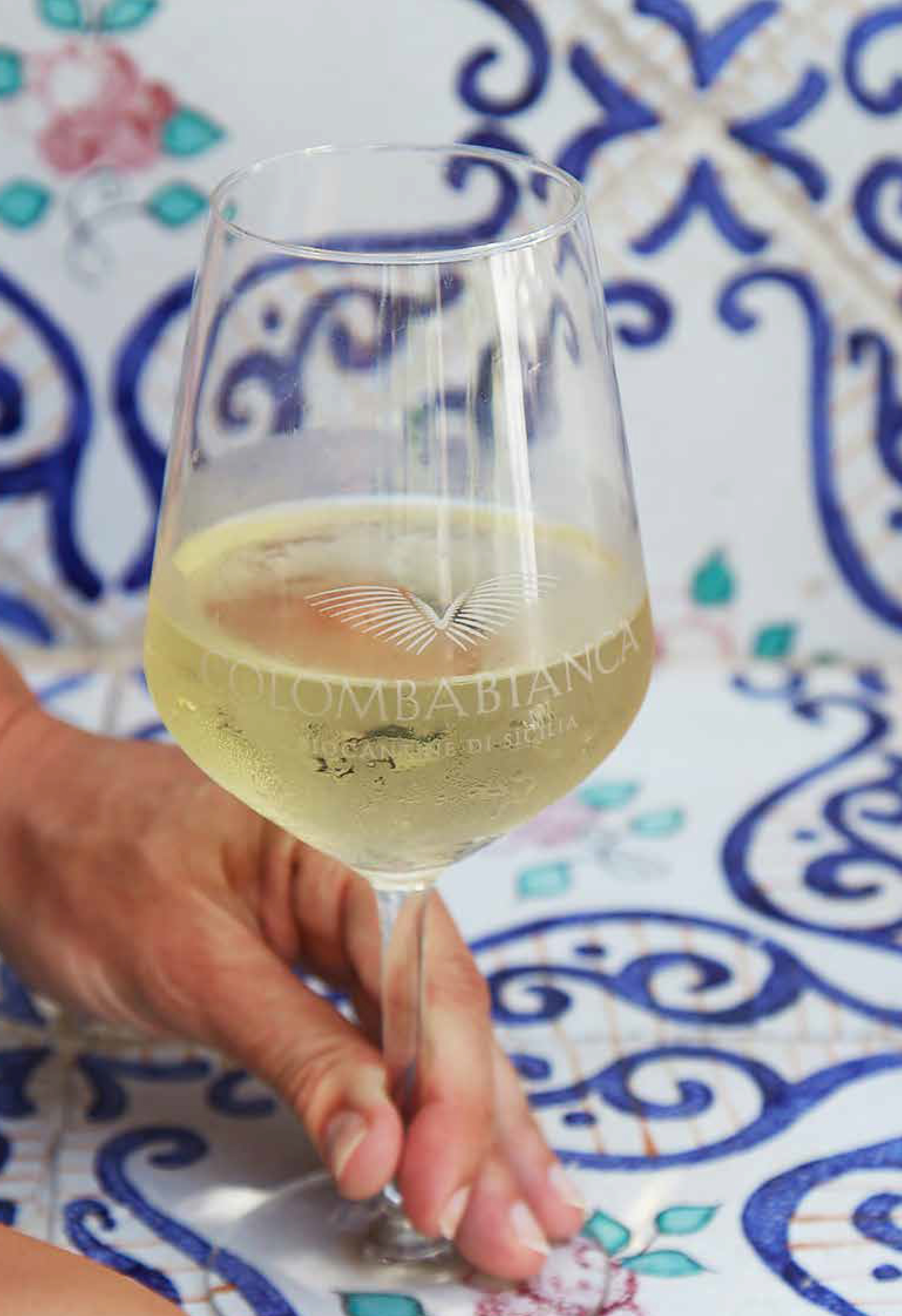 Hand hält Glas mit Colomba Bianca Weißwein