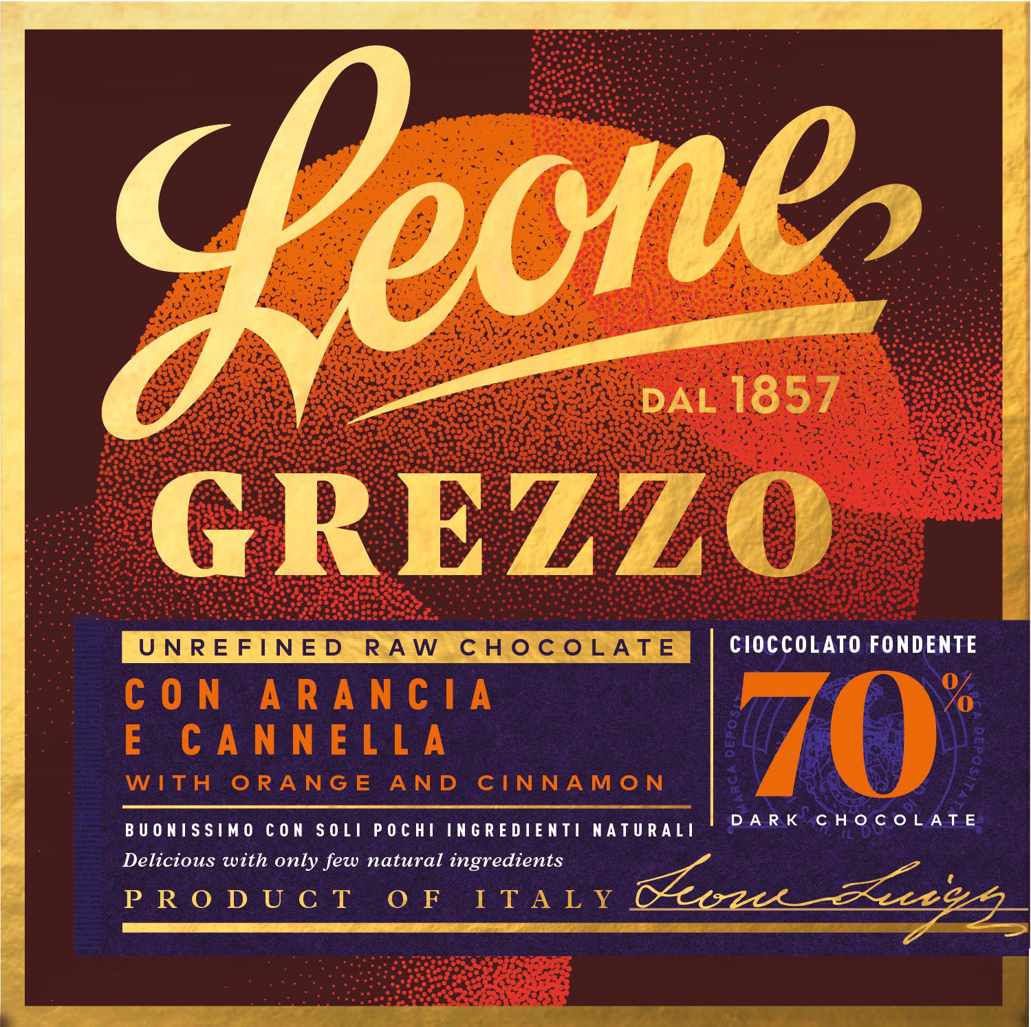 Pastiglie Leone Dunkle Rohschokolade 70 % mit Orange und Zimt Kakao „Grezzo“