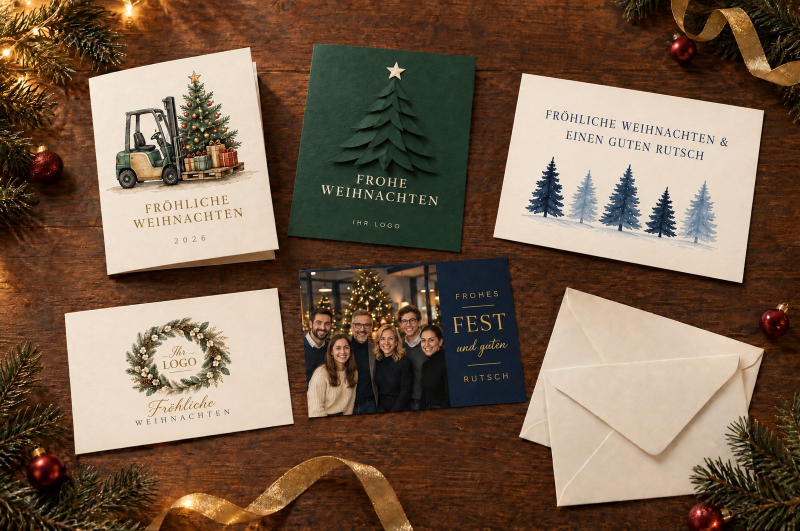 Gedruckte Weihnachtskarten mit Platzhalter für Ihr Logo auf einem Holztisch: Klappkarten und Einseiter mit Tannenkranz, Gabelstapler mit Tannenbaum, Papiertanne, Teamfoto und Aquarelltannen