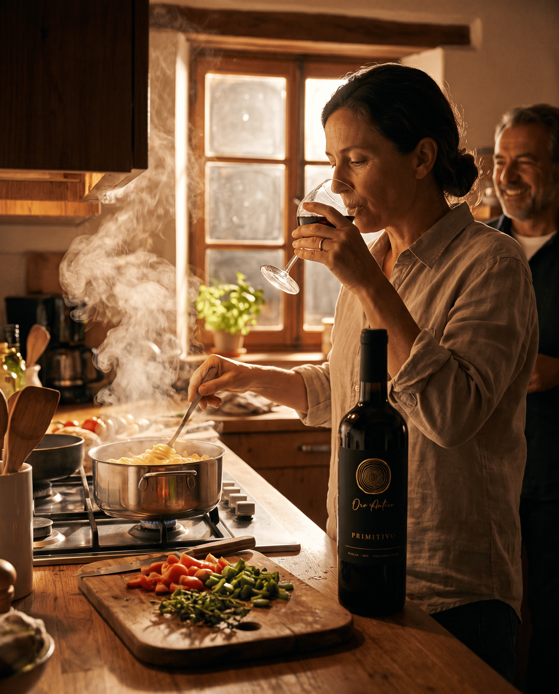 Ein Paar in einer warmen rustikalen Küche am Abend, Pasta kocht, ein Glas Primitivo