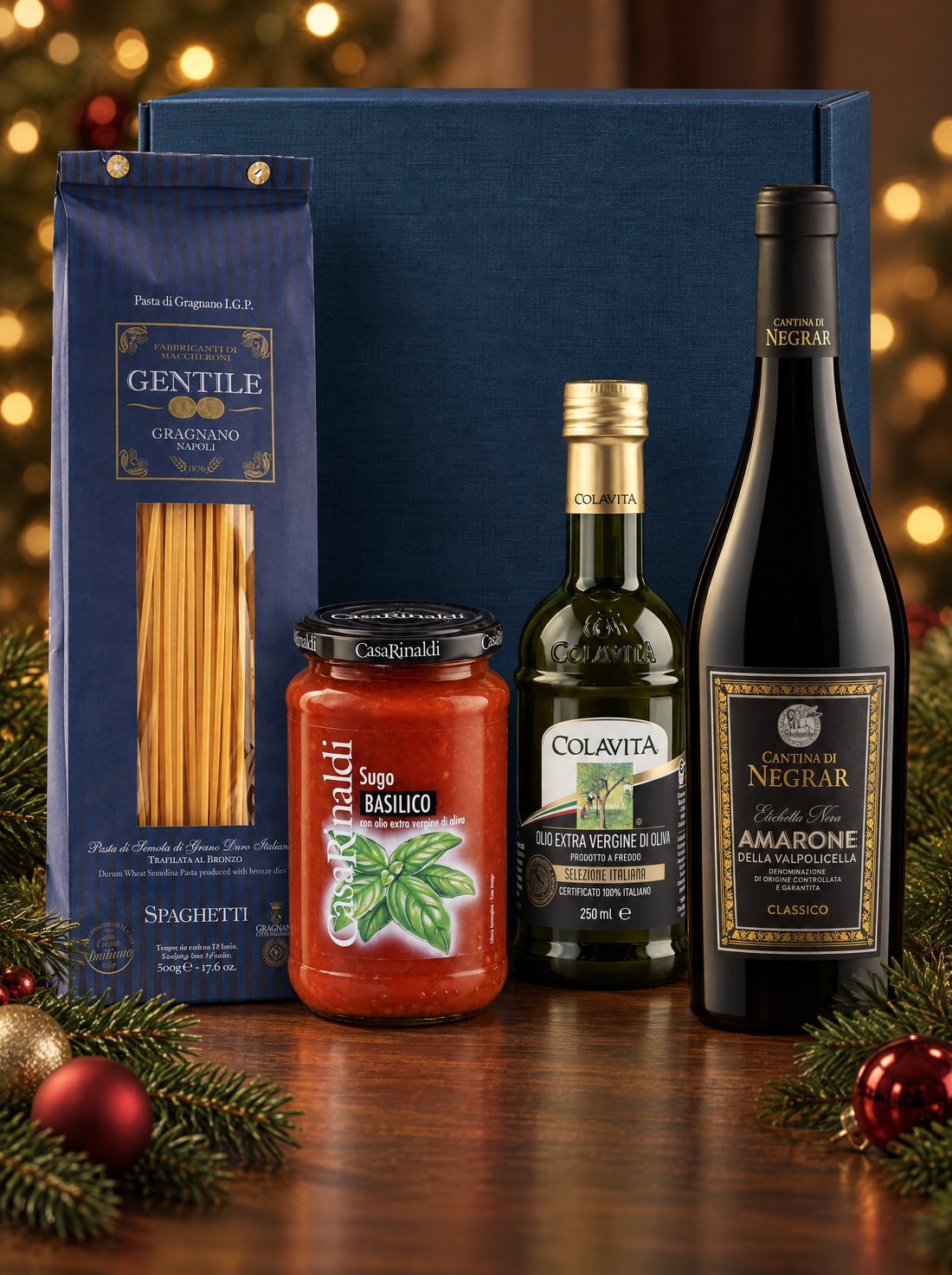 Firmenpräsent Serata Italiana mit Amarone, Olivenöl, Sugo und Spaghetti in der Geschenkbox