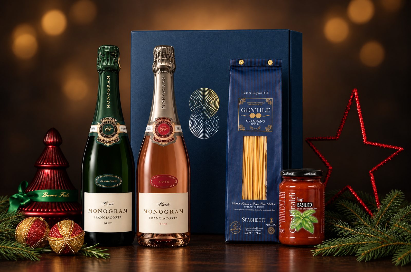 Firmenpräsent Monogram Franciacorta mit zwei Flaschen, Spaghetti und Sugo