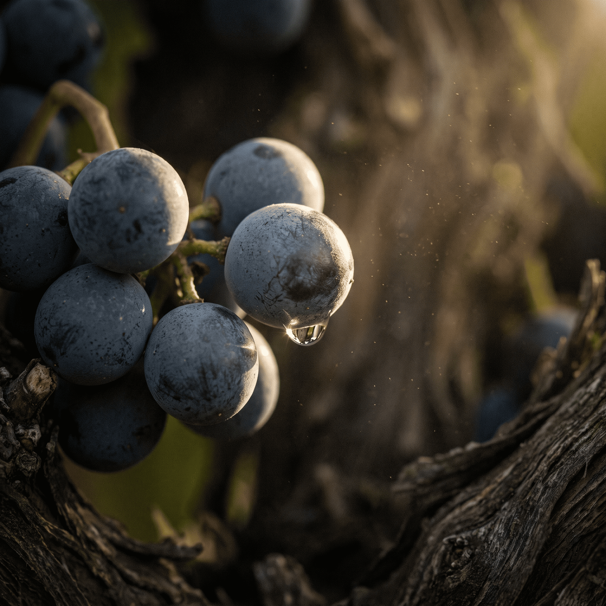Reife Primitivo-Trauben mit Tautropfen im warmen Abendlicht