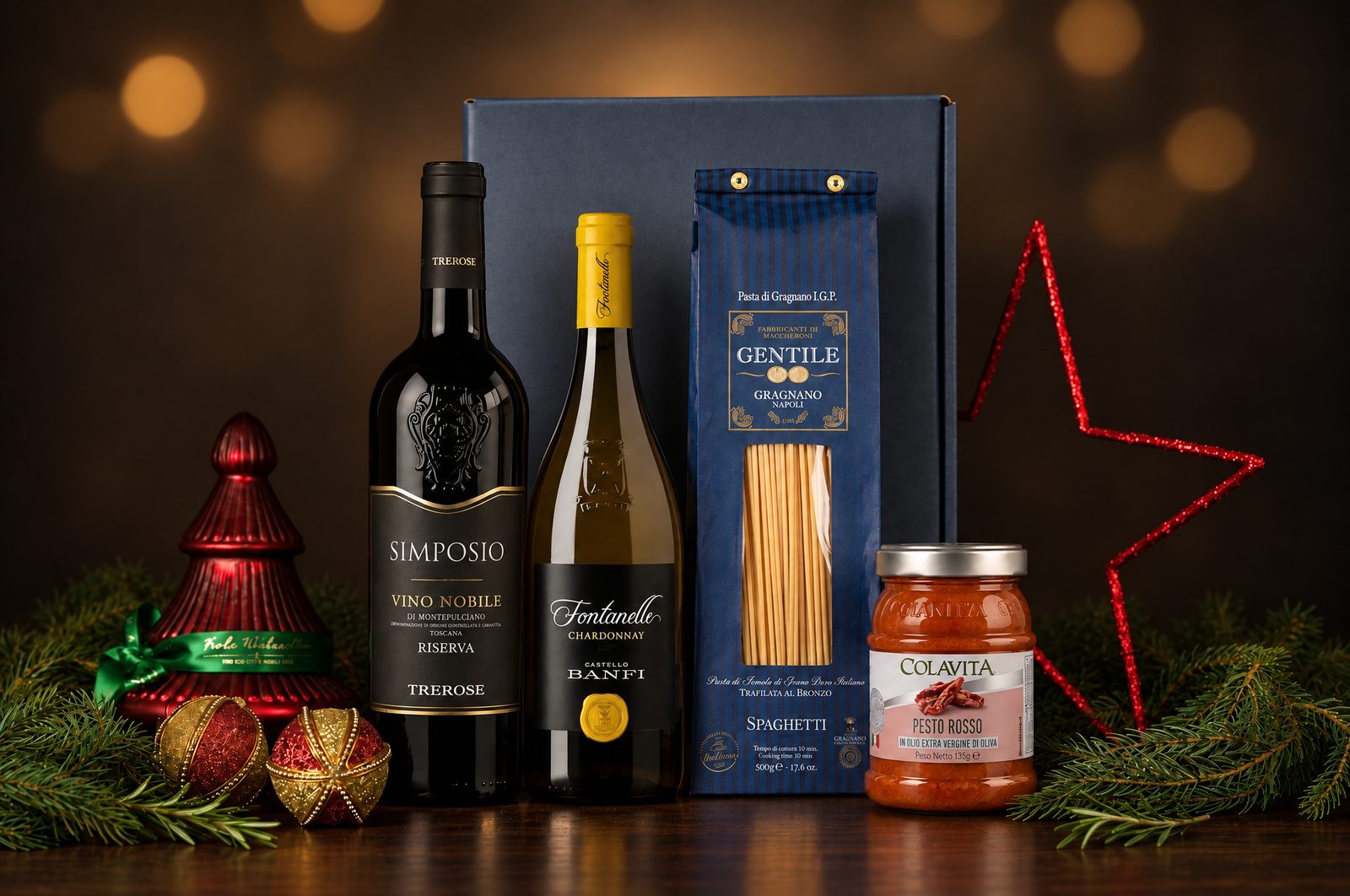 Firmenpräsent Toskana mit Chardonnay, Vino Nobile, Spaghetti und Pesto Rosso
