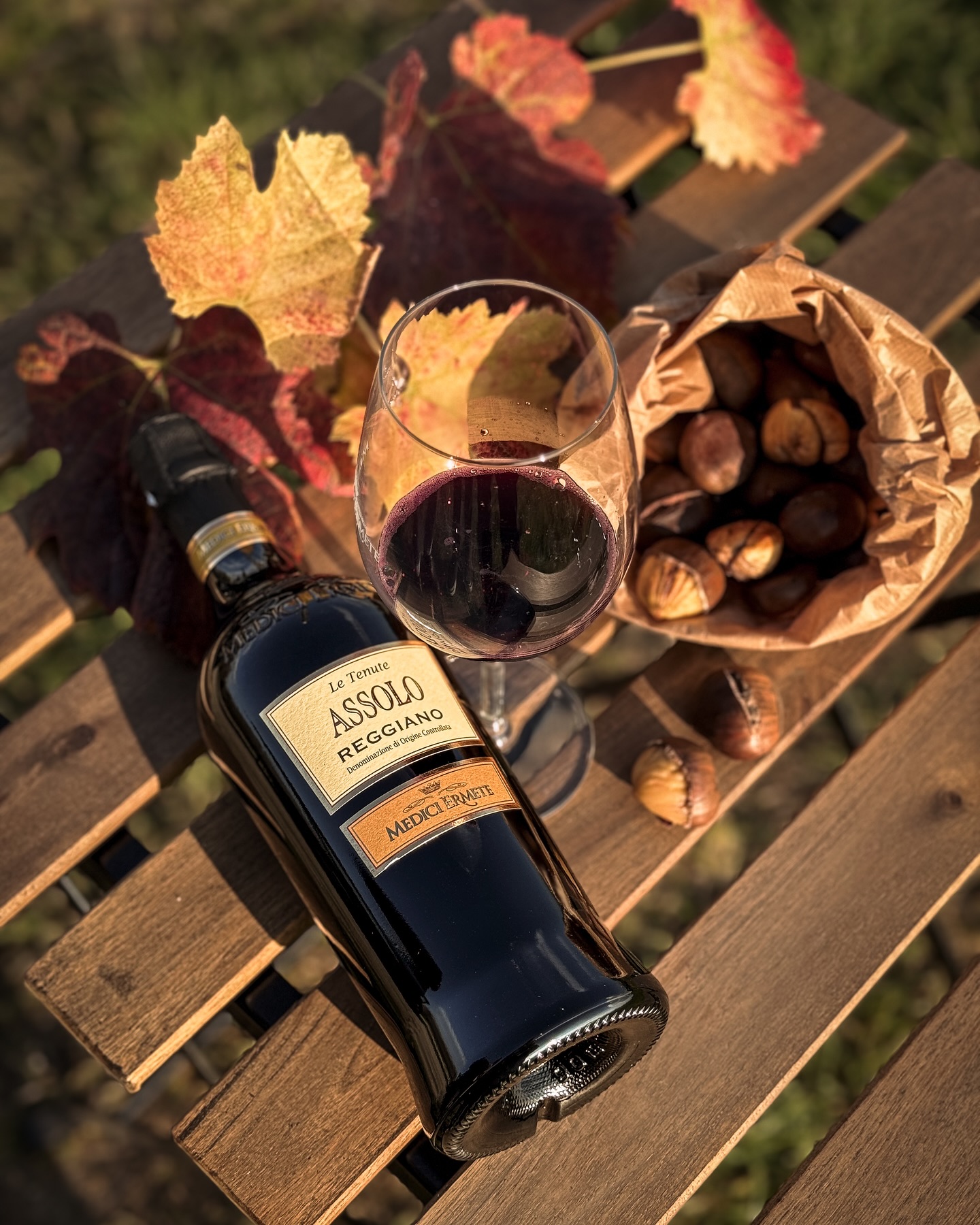 Medici Ermete Assolo Lambrusco Flasche mit Weinglas auf herbstlich dekorierten Tisch