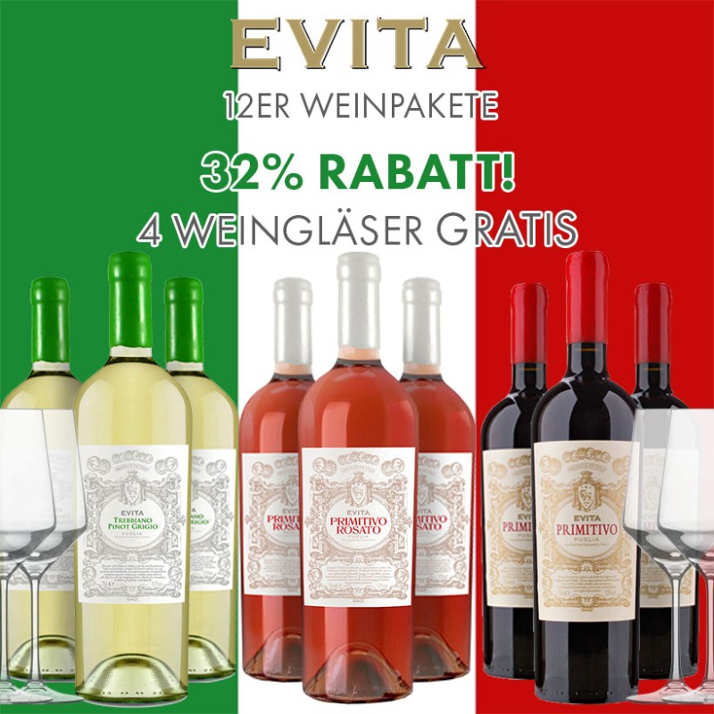 12er Evita Weinpakete + 4 Gläser